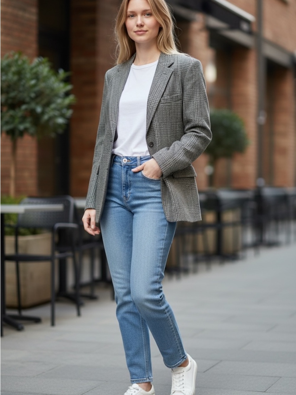 Tailored Plaid Blazer - Neutral Multicolor Tweed